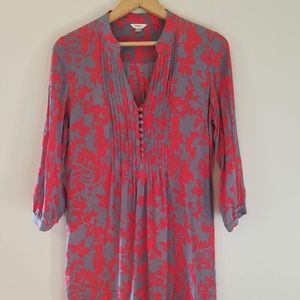 Fossil Red Gray Silky Tunic Button Down Blouse XS